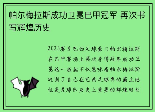 帕尔梅拉斯成功卫冕巴甲冠军 再次书写辉煌历史